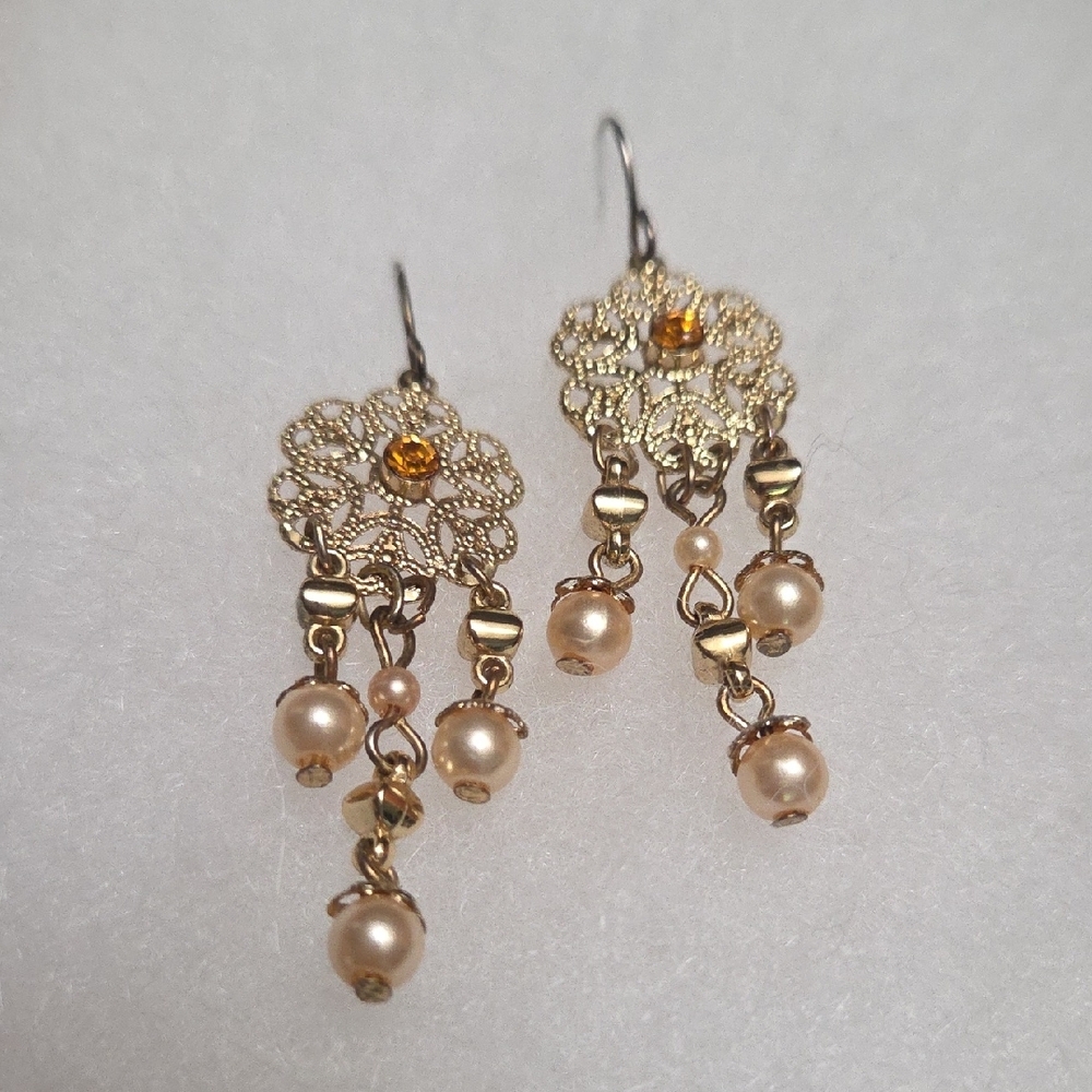 Elegant Gold Lacey and Pearl Dangle Earrings